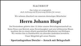 Traueranzeige Johann Hupf