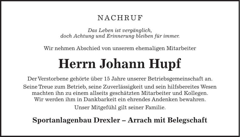 Traueranzeige Johann Hupf