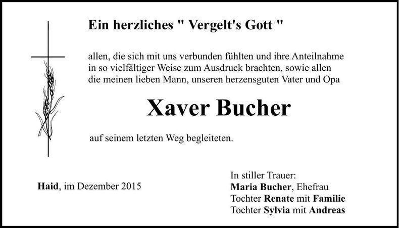 Traueranzeige Xaver Bucher