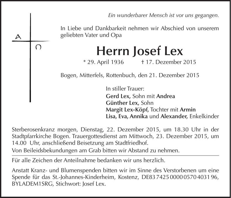 Traueranzeige Josef Lex