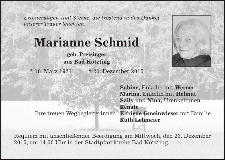 Traueranzeige Marianne Schmid