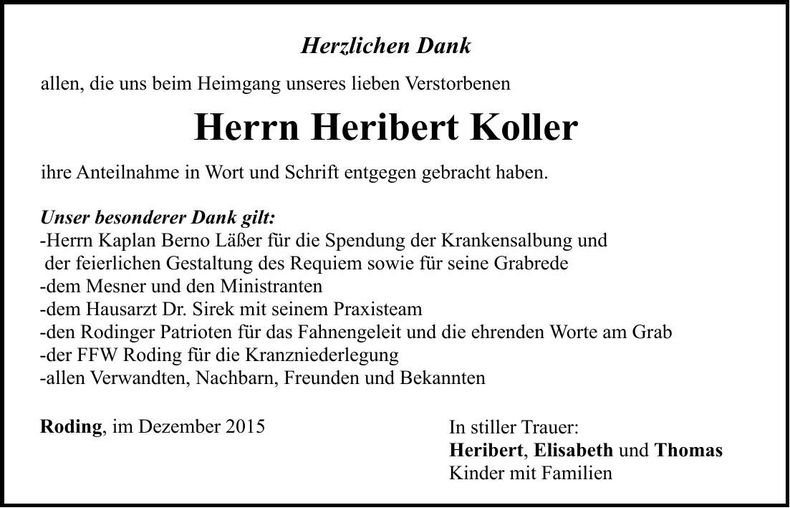 Traueranzeige Heribert Koller