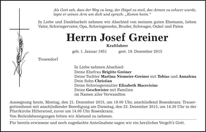 Traueranzeige Josef Greiner