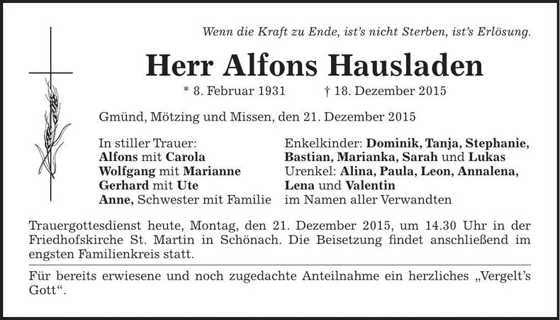 Traueranzeige Alfons Hausladen