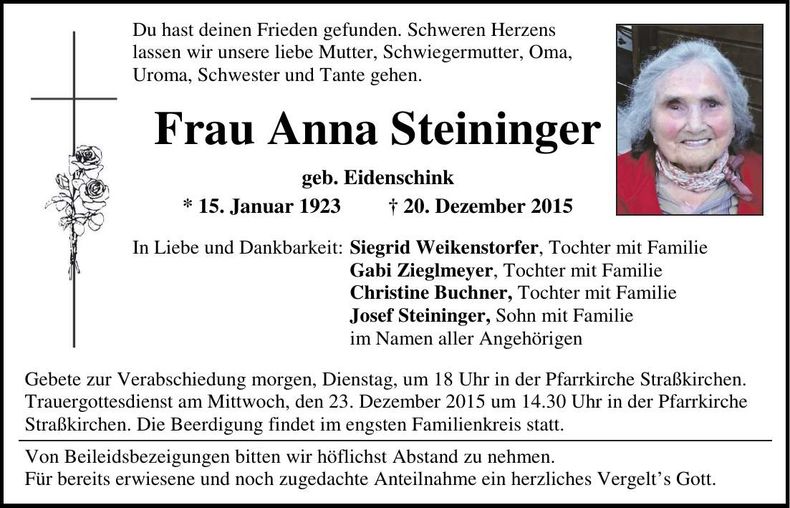 Traueranzeige Anna Steininger
