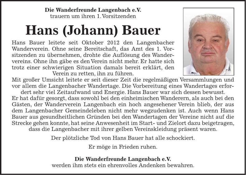 Traueranzeige Hans Bauer