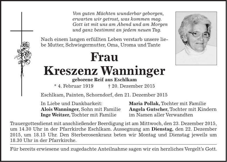 Traueranzeige Kreszenz Wanninger