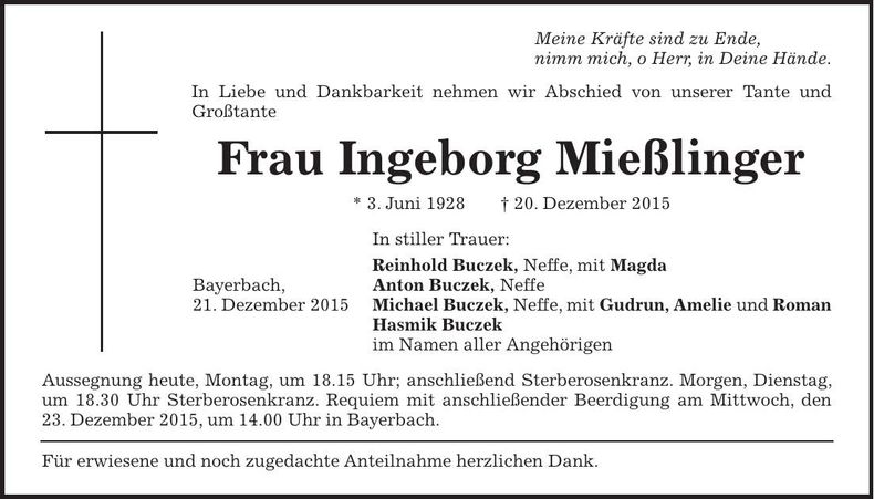 Traueranzeige Ingeborg Mießlinger