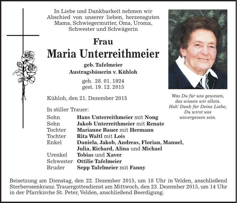 Traueranzeige Maria Unterreithmeier