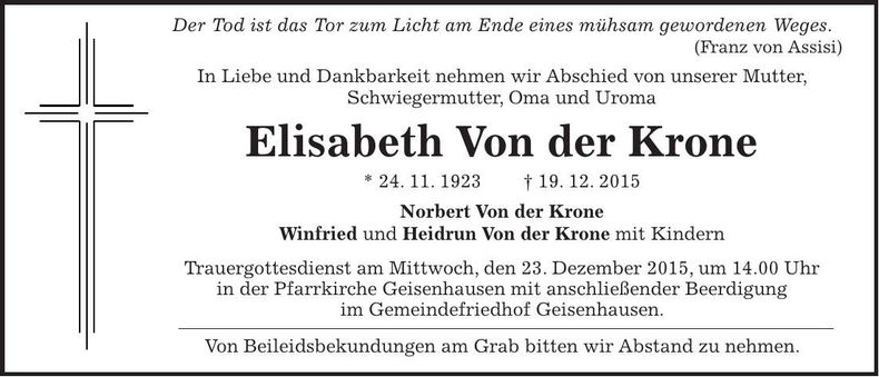 Traueranzeige Elisabeth Von der Krone
