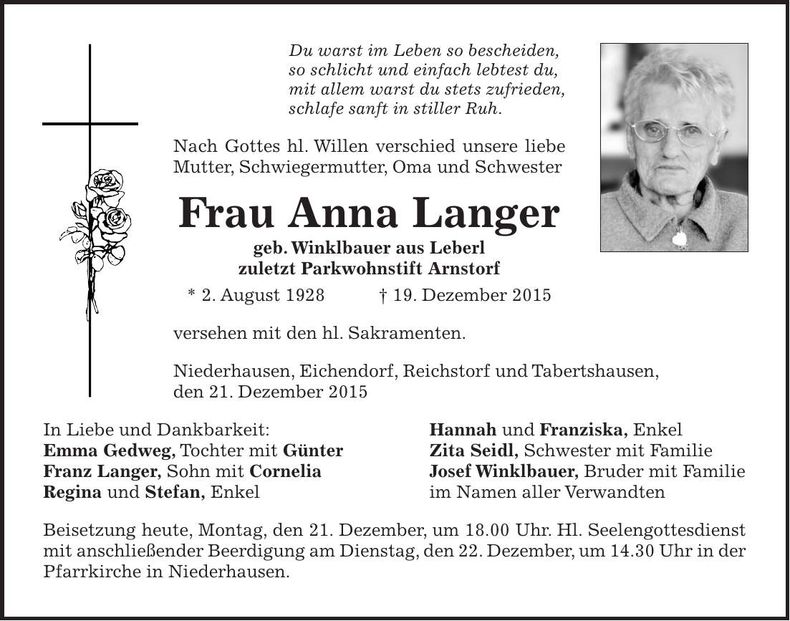 Traueranzeige Anna Langer