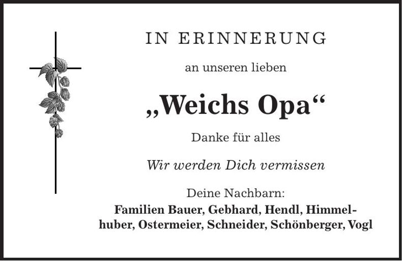 Traueranzeige Johann Weichs