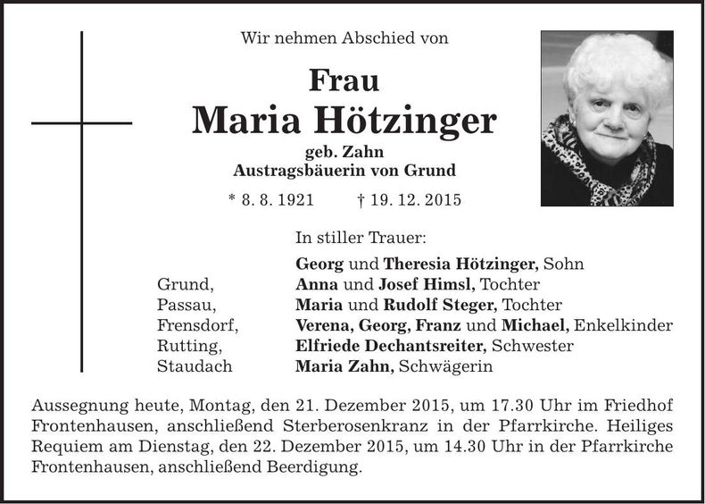 Traueranzeige Maria Hötzinger