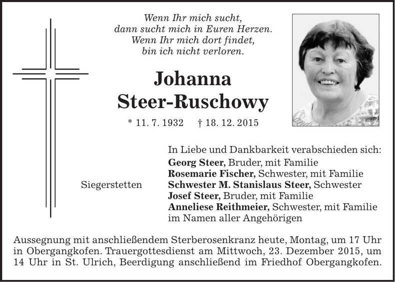 Traueranzeige Johanna Steer-Ruschowy