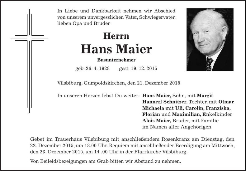 Traueranzeige Hans Maier