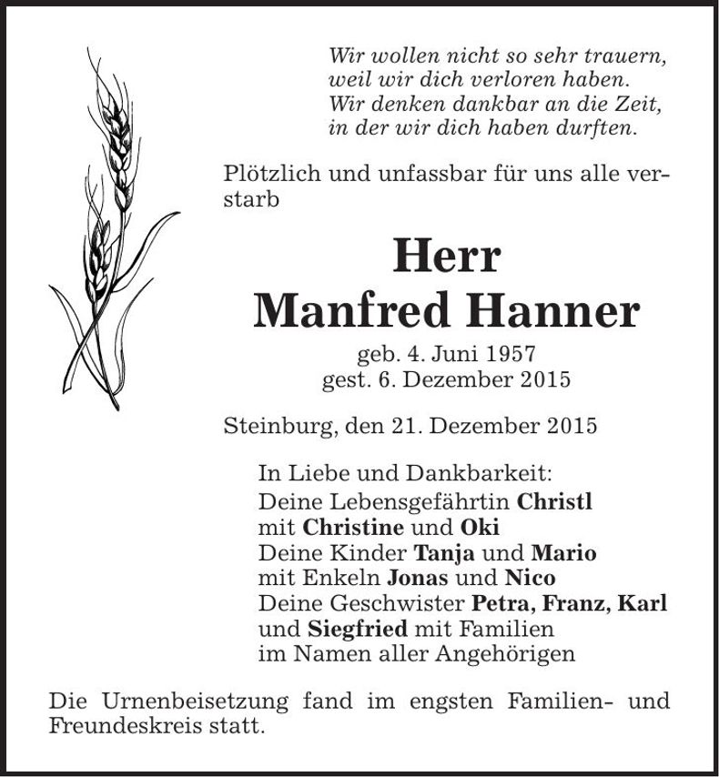 Traueranzeige Manfred Hanner