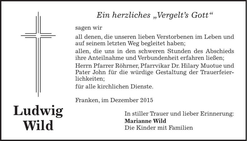 Traueranzeige Ludwig Wild