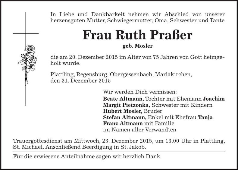 Traueranzeige Ruth Praßer