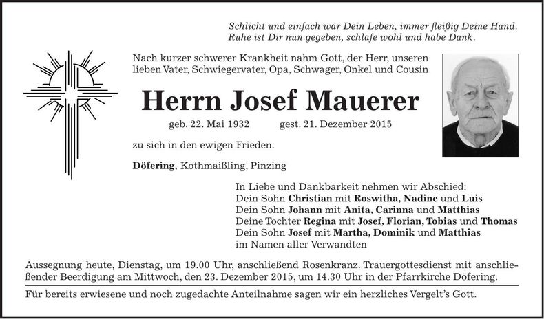 Traueranzeige Josef Mauerer