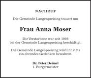 Traueranzeige Anna Moser