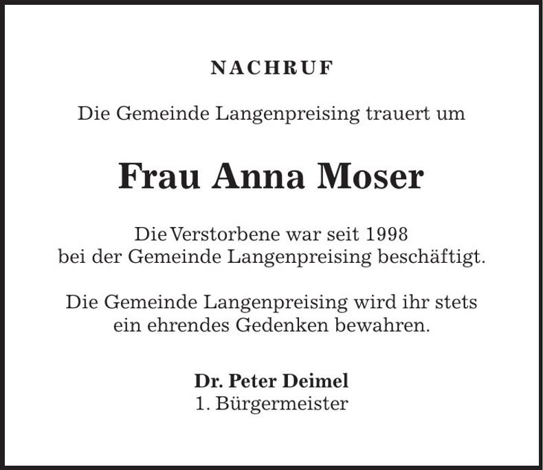 Traueranzeige Anna Moser