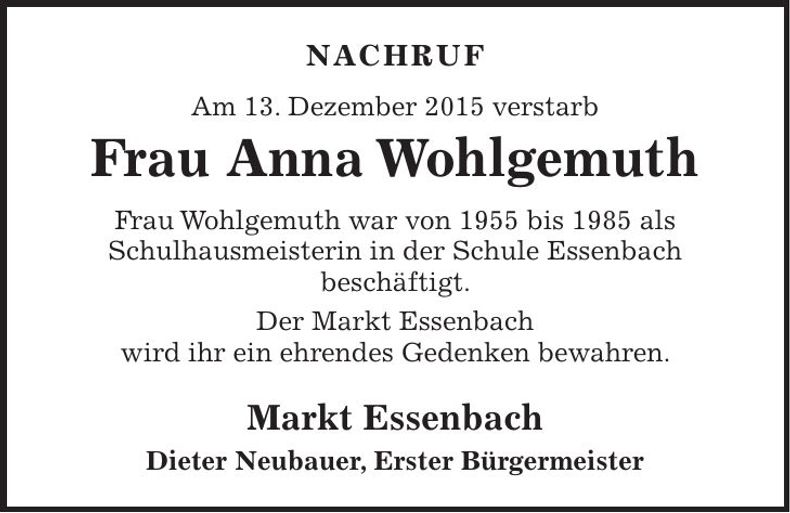 Traueranzeige Anna Wohlgemuth