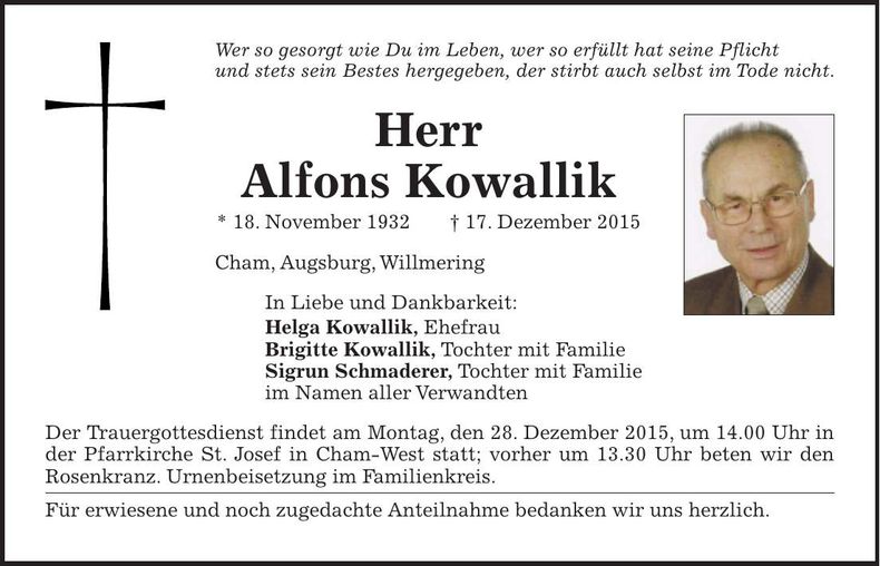 Traueranzeige Alfons Kowallik
