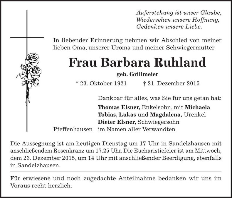 Traueranzeige Barbara Ruhland
