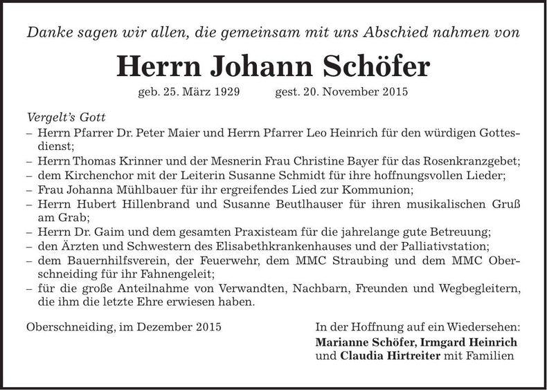 Traueranzeige Johann Schöfer