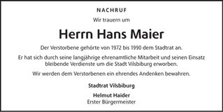 Traueranzeige Hans Maier