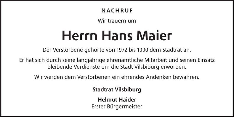 Traueranzeige Hans Maier