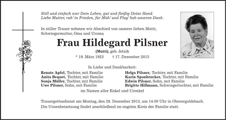 Traueranzeige Hildegard Pilsner