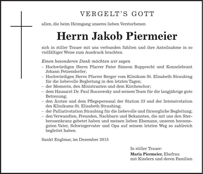 Traueranzeige Piermeier Jakob