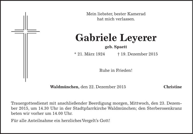 Traueranzeige Gabriele Leyerer