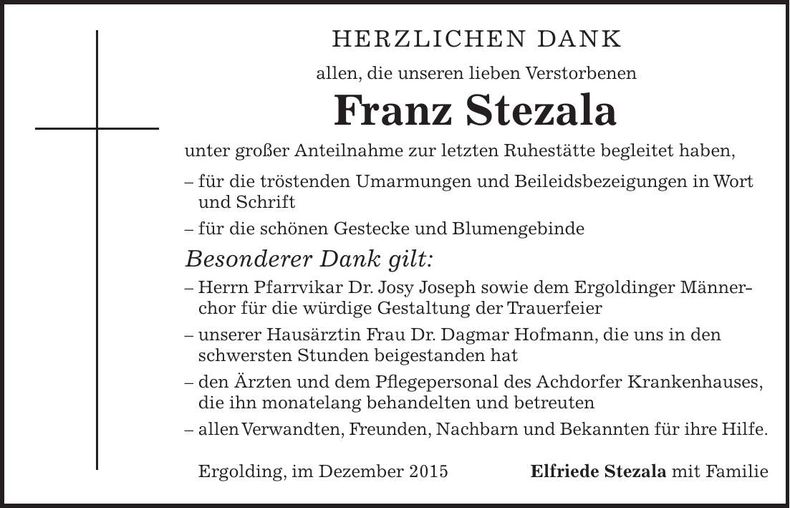 Traueranzeige Franz Stezala