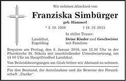 Traueranzeige Franziska Simbürger