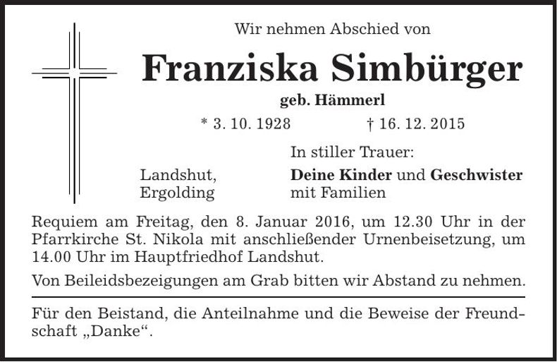 Traueranzeige Franziska Simbürger