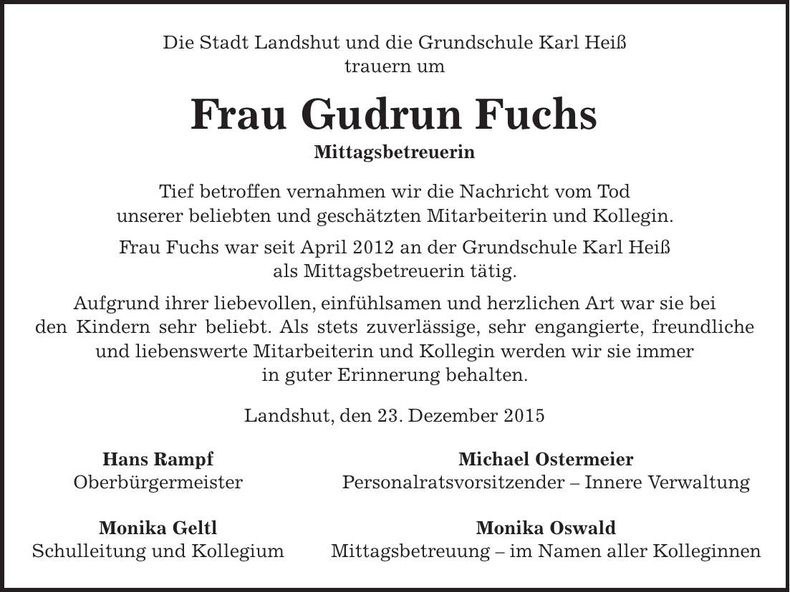 Traueranzeige Gudrun Fuchs