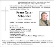 Traueranzeige Franz Xaver Schneider