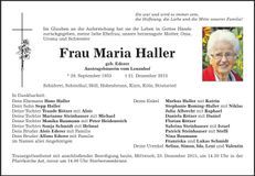 Traueranzeige Maria Haller