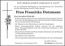Traueranzeige Franziska Datzmann