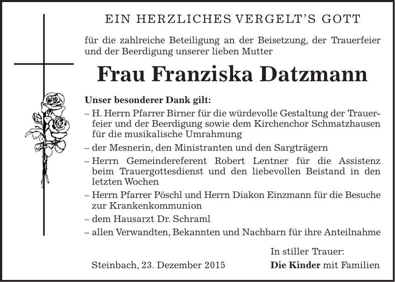 Traueranzeige Franziska Datzmann