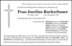 Traueranzeige Josefine Ruckerbauer