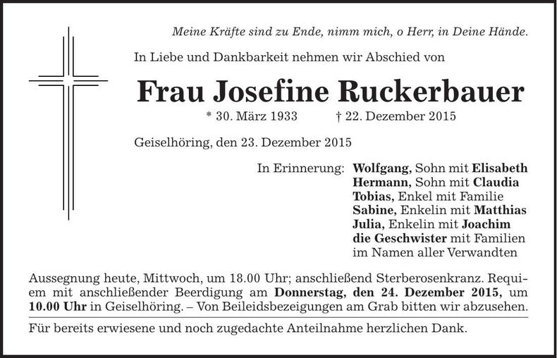 Traueranzeige Josefine Ruckerbauer