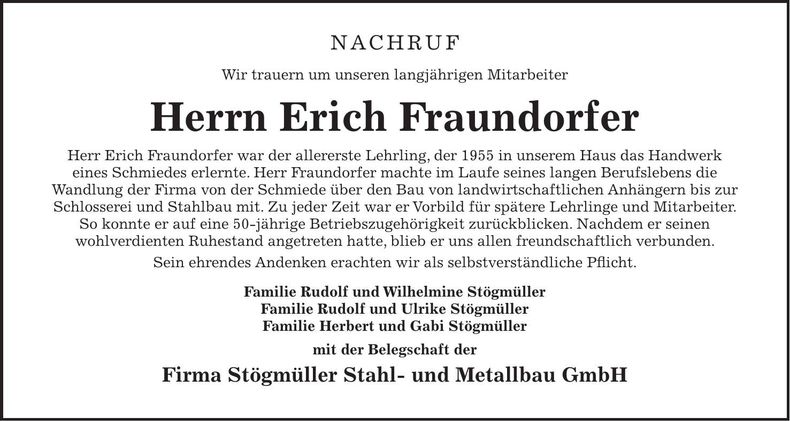 Traueranzeige Erich Fraundorfer