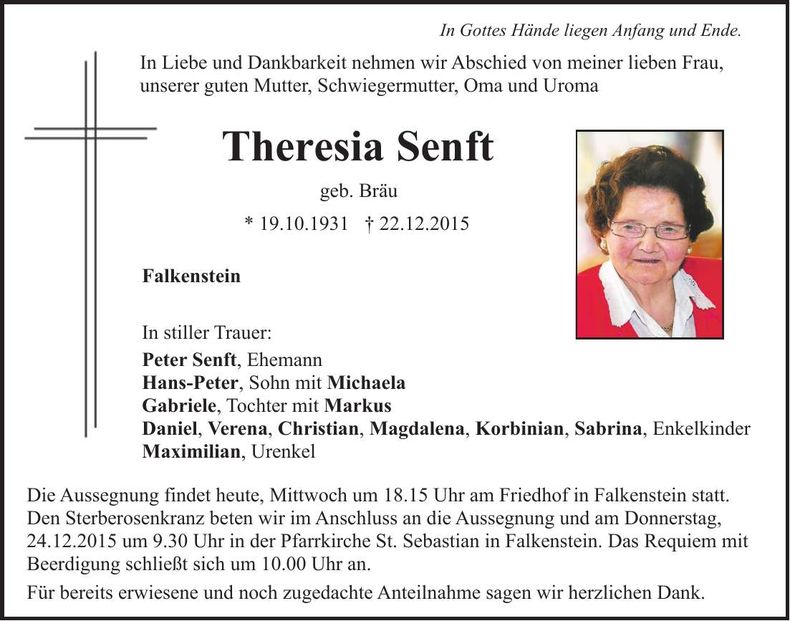 Traueranzeige Theresia Senft
