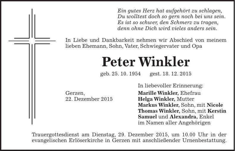 Traueranzeige Peter Winkler