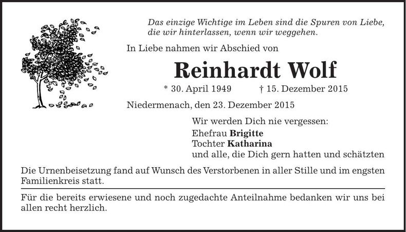 Traueranzeige Reinhardt Wolf