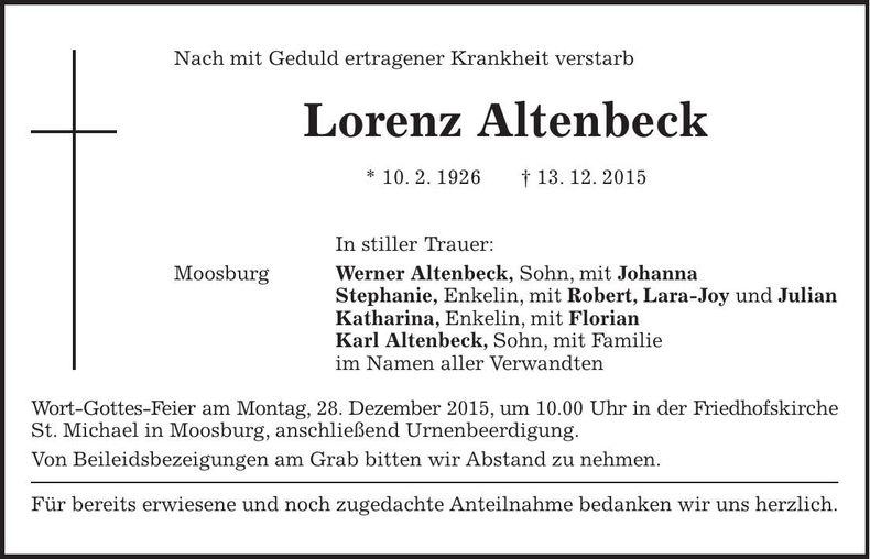 Traueranzeige Lorenz Altenbeck