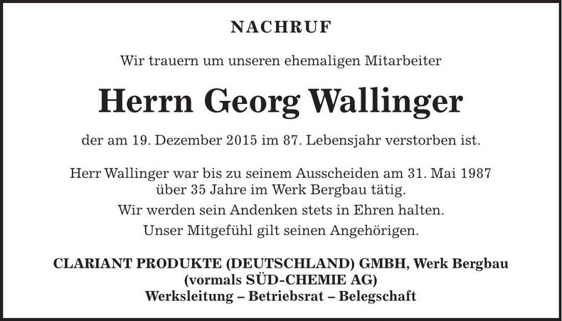 Traueranzeige Georg Wallinger